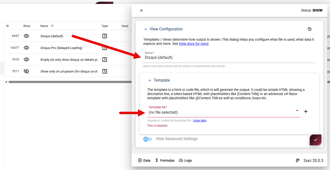 Existing view without template selected