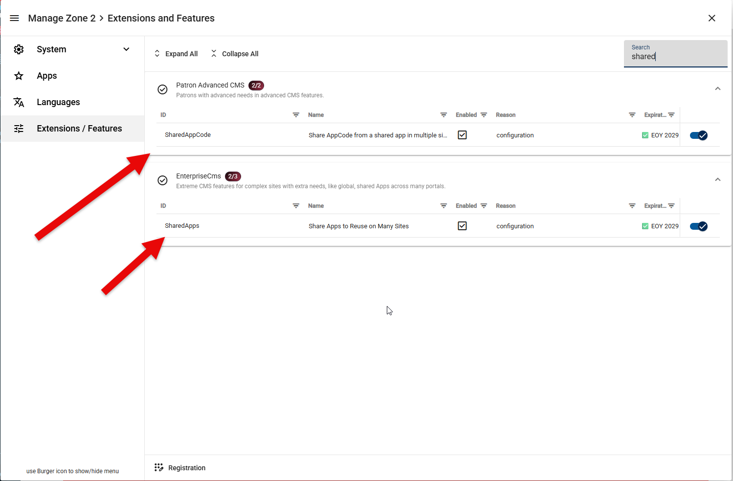 Enable the SharedAppCode and SharedApps features
